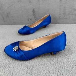 EriJunor Blue Satin Kitten Heel Pumps Womens 10 Rhinestone Flower Wedding‎ Shoes